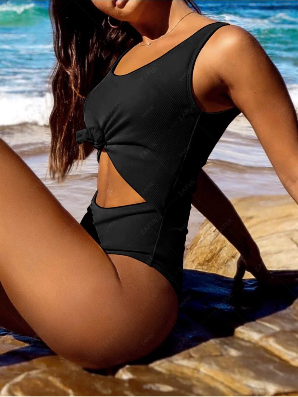 Zaful Black Cutout Knot-Front One-Piece Swimsuit